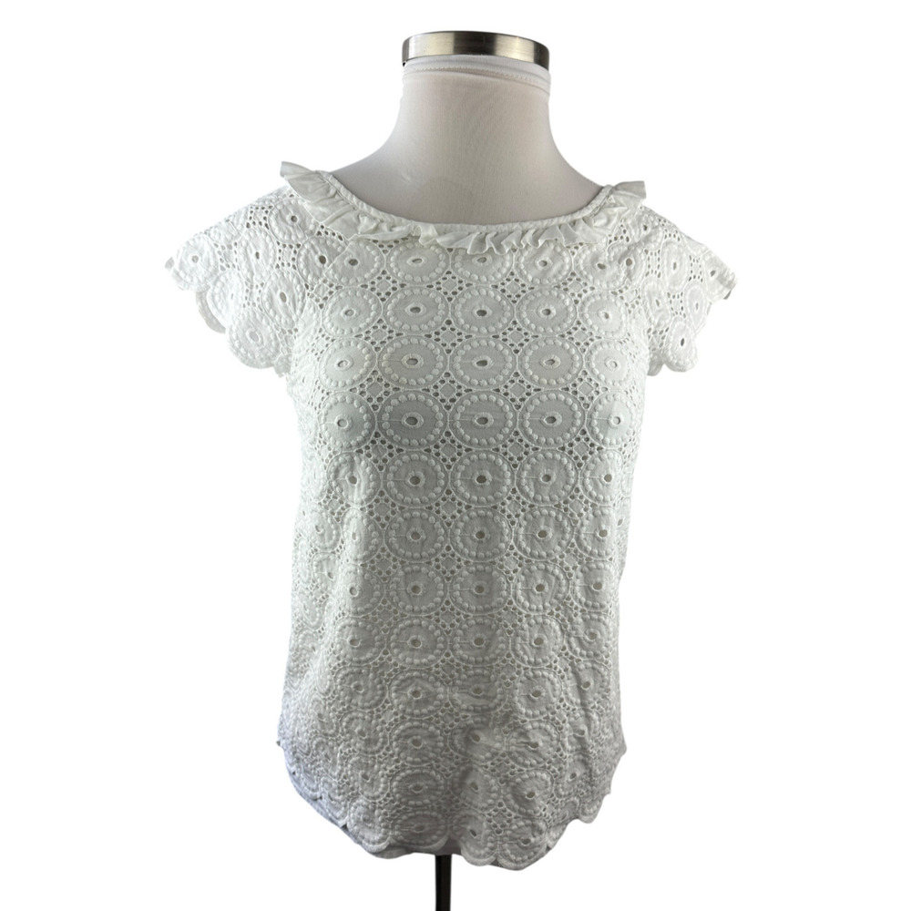 Lilly Pulitzer Crochet Eyelet Blouse Cap Short Sleeve Ruffle Button Back Size 8 - Picture 14 of 16